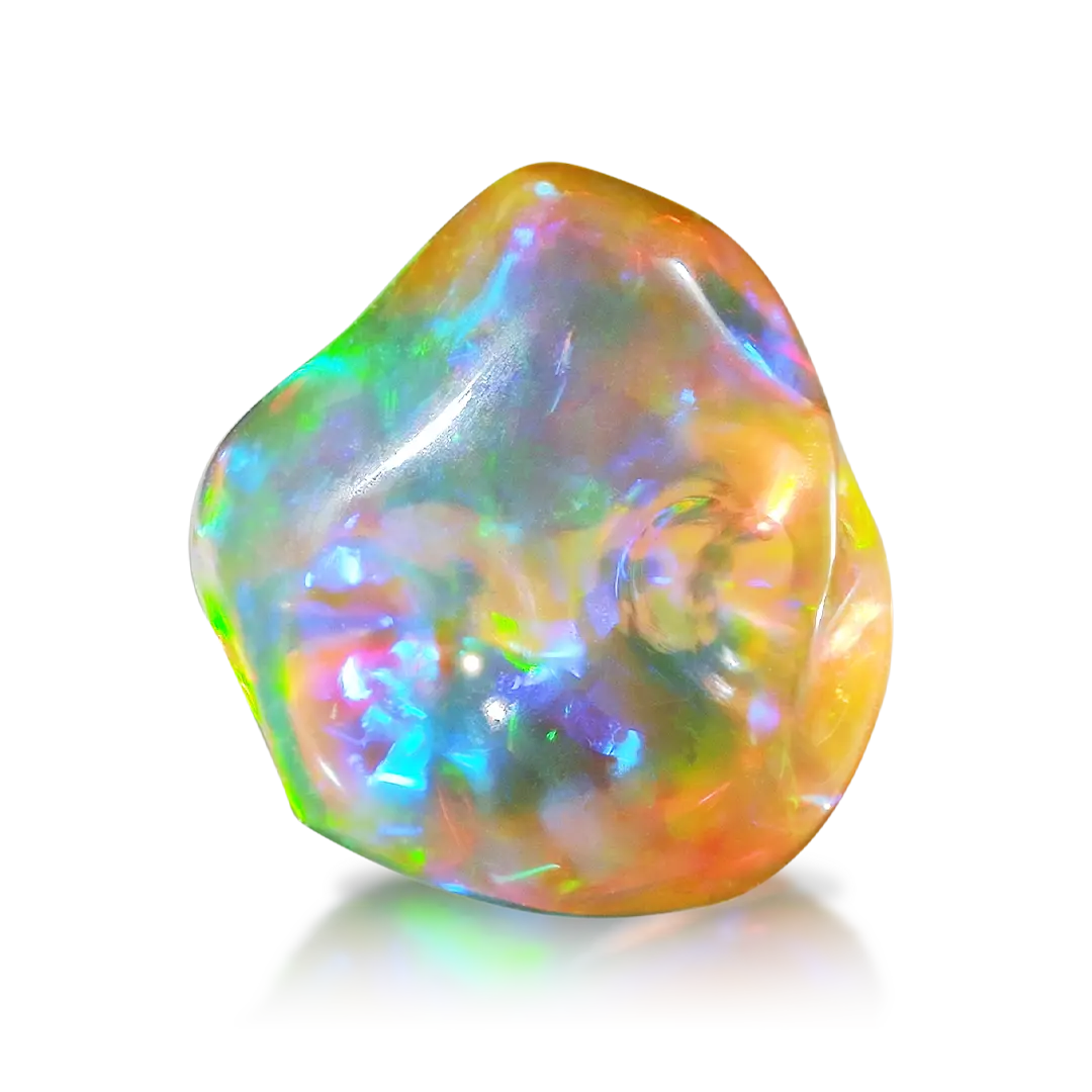 Image of FOFF770313, a unique fire opal rough that has a shape similar to a bunny.
